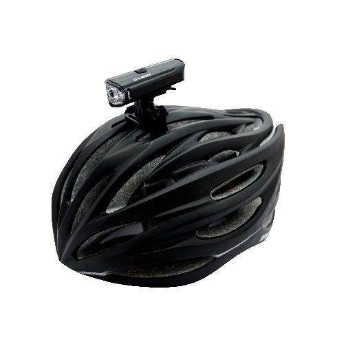 D-Light CG-129P ambient light sensing bicycle headlight mounts on a black bike helmet
