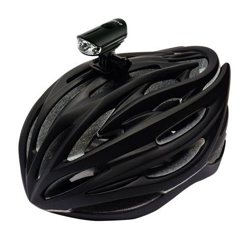 D.Light CG-217P in black color rechargeable bicycle front light mounts on a black bike helmet